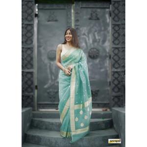 ผ้าทอสีทองผ้าไหมผ้าไหมผ้าส่าหรีสำหรับใส่ทำงานผ้าลายท้องฟ้า - Product Image 1