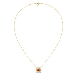 Red Center Floral Halo Diamond <b>Necklace</b> with Layered Round Sparkle Frame and Elegant <b>Statement</b> Design - Product Image 3