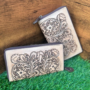 Cartera de chequera de cuero occidental con herramientas a mano, Cartera de cuero genuino 100% con cremallera Floral, Cartera de mano de mujer de piel de vaca personalizada - Product Image 5