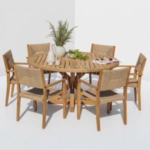 Mesa Redonda de Patio Contemporánea de Madera con Tablero de Listones y Base de Trípode, para Restaurante, Cafetería, Hotel, Resort, Villa, Muebles para Contratos - Product Image 4