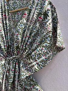 Women's Blue Floral Print 100% Cotton Maxi <b>Kaftan</b> Dress V Neck Batwing Sleeves Drawstring Eco-Friendly Handmade Breathable <b>Beach</b> - Product Image 2