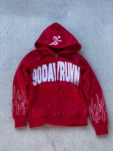 Custom Oversized Full Zip Hoodie Black <b>Rhinestone</b> Streetwear Sweatshirt Flame Print Heavyweight Unisex Hooded <b>Jacket</b> - Product Image 4