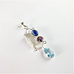Mixed Gemstone Set 925 <b>Sterling</b> <b>Silver</b> Geometric Vertical Pendant Handmade <b>Wire</b> Scrollwork Jewelry Best For Gift - Product Image 3