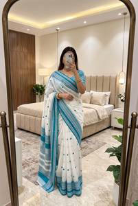 Traditional Indian Banarasi Other Material Saree White Red Polka Dot Weaving Work Women Regular Length Wedding Wear Saree <b>Blouse</b> - Product Image 4