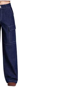 Jean cargo en denim bleu indigo personnalisé, taille haute, coupe large, avec poches à rabat, style streetwear, pantalon décontracté ample pour femme, sur mesure - Product Image 3