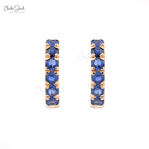 New Arrival 14k Yellow Gold Latch <b>Back</b> Huggie Hoops 2mm Round Cut Blue Sapphire Gemstone Wholesale <b>Earrings</b> at Discounted Price - Product Image 2