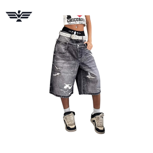 High Waist Distressed Denim <b>Shorts</b> With Ripped Details And <b>Belted</b> Design For Summer Casual Wear - Product Image 3