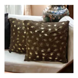 Golden Leaf Pillow Case Cushion Cover Embroidered Gold Leaves Black Background Pillow Cover Home Decor Pillowship For Sofa Room