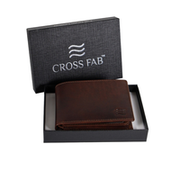 Dompet Pendek Lipat Dua Kulit Sapi Crazy Horse Buatan Tangan untuk Pria, Kulit Asli Desain Sederhana, Jendela ID Transparan, Lapisan Satin, RFID CROSS FAB