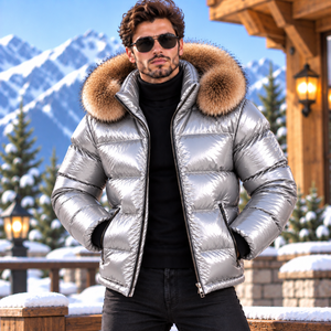 Abrigo Acolchado de Cuero Brillante para Hombre con Capucha con Ribete de Piel de Zorro |   Piumino Lucido para Hombre |   Chaqueta Brillante |   Doudoune Brillante - Product Image 3