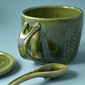 Green Bliss Glazed Ceramic Mug <b>Set</b> of 2 300ml Capacity <b>Microwave</b> Safe Heart and Fruits Pattern for Coffee and Tea - Product Image 1