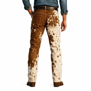 <b>Men's</b> Cow Print Straight Pants Casual Slim Fit <b>Trousers</b> Brown White <b>Leather</b> Midweight Winter Zipper Fly - Product Image 5
