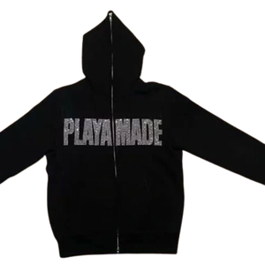 Sweat à capuche noir personnalisé avec logo en strass, 100% coton, streetwear oversize d'hiver pour hommes et femmes - Product Image 6