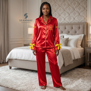 Ensemble de pyjama en satin pour femmes NSPDK, manches longues, boutonné, brodé, deux pièces, rouge avec bordure dorée, ensemble de détente - Product Image 5