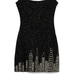 Robe mini noire élégante en tissu frais et confortable, ornée de perles faites à la main, sans manches, pour femmes, style floral décontracté, look moderne et tendance - Product Image 1