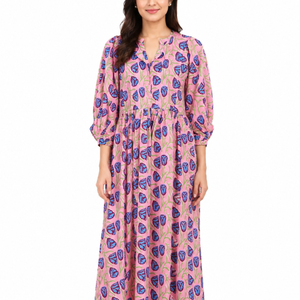 Hermoso vestido floral de algodón con estampado a mano, vestido para uso casual, vestido con estampado a mano. - Product Image 1