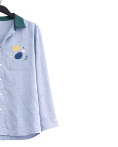 Conjunto de dos piezas para mujer, camisa azul claro y pantalones anchos verdes, conjunto informal de algodón y lino, ropa de verano con bolsillos estampados - Product Image 4