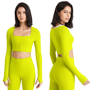 เสื้อครอปท็อปโยคะแขนยาวคอวีสีดำสำหรับผู้หญิง ระบายอากาศได้ดี แห้งเร็ว เป็นมิตรกับสิ่งแวดล้อม ยืดหยุ่นได้ กระชับรูปร่าง ผลิตจากผ้าสแปนเด็กซ์/ไนลอน สีพื้น - Product Image 3