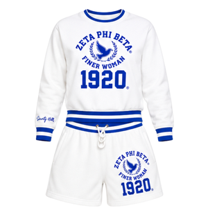 Zeta Phi Beta Sweatshirt <b>Shorts</b> <b>Set</b> <b>Women</b> White Royal Blue Finer Woman Dove 1920 Crewneck Striped Cuff Lounge Two Piece Sorority - Product Image 3