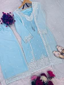 Ensemble Salwar Kameez pakistanais de luxe vert menthe 3 pièces, en Georgette, fortement brodé, avec Palazzo et Dupatta, idéal pour les fêtes, infroissable - Product Image 6