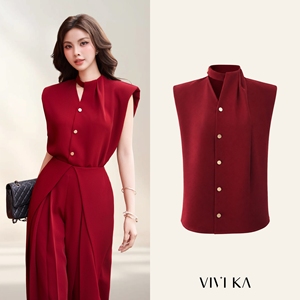 Blusa Roja sin Mangas para Mujer, Cuello Mandarín, Botones al Frente, Satén Elegante, para Oficina, Color Sólido, Corte Regular, MIRANDA - Product Image 1