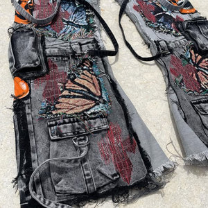 EXITO INTL <b>Men's</b> Lightweight Worsted Cargo Pants Butterfly Skull Prints Ripped Edges Street Style Baggy Spandex/Cotton - Product Image 6