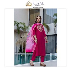 Colección de Diseñador de Calidad Excepcional: Conjunto de 3 Piezas de Kurti, Pantalón y Dupatta con Bordado Tradicional Chanderi - Product Image 5