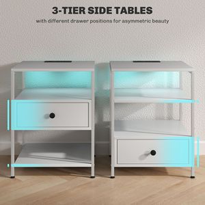Set of 2 White LED-Light <b>Side</b> <b>Tables</b> with Charging Stations <b>Drawer</b> and Shelves for Living Room End <b>Tables</b> - Product Image 6