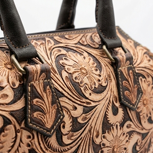 Nouveau sac de voyage mini Speedy en cuir véritable 100% imperméable, fabriqué en Inde, avec des motifs floraux gravés à la main, fermeture à glissière - Product Image 3