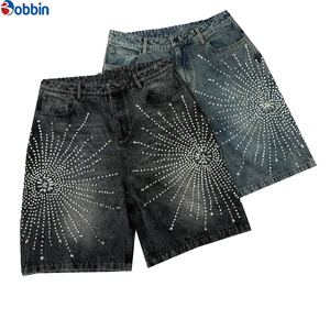 กางเกงยีนส์ขาสั้นผู้ชายสไตล์ฮิปฮอปสำหรับฤดูร้อน กางเกงยีนส์ขาสั้นทรงหลวมประดับเพชร กางเกงยีนส์ฤดูร้อนลายคริสตัลเพชรแถบข้างแบบวอช - Product Image 2