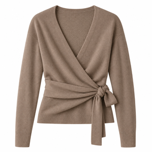 Cárdigan de punto con cuello en V para mujer, suéter cruzado con nudo lateral, manga larga, informal, transpirable, poliamida, logo frontal, color liso, otoño invierno - Product Image 4