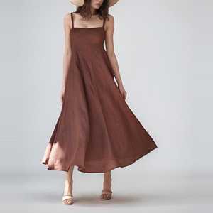Vestido Maxi de Lino Marrón para Mujer, Sin Mangas, Cuello Cuadrado, Corte en A, Fluido, Casual de Verano - Product Image 4