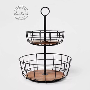 2-Tier Metal Wire <b>Basket</b> Stand with Wooden Base Stylish and Functional for Organizing Kitchen and Home Decor - Product Image 1