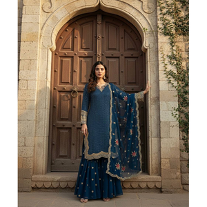 Collection de designer la plus récente et la plus élégante de costumes Sharara en faux georgette lourd avec dupatta en georgette et broderies. - Product Image 1