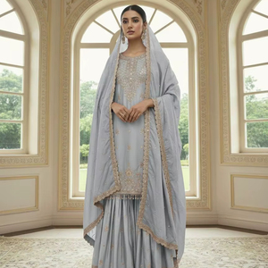 ชุดงานเลี้ยงผ้าไหมชีนอนคุณภาพสูง รุ่น PD1046 พร้อมงานปักเลื่อมขนาด 5 มม. ทั้งเสื้อและกางเกงพลัสโซ่ รวมถึงผ้าคลุมไหล่แบบคัตเวิร์คประดับมุกและหมุด - Product Image 1