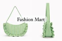 Tas Selempang Wanita Motif Garis Warna-warni Lucu dengan Ruffle, Tas Bahu Modis Musim Panas Bahan Katun