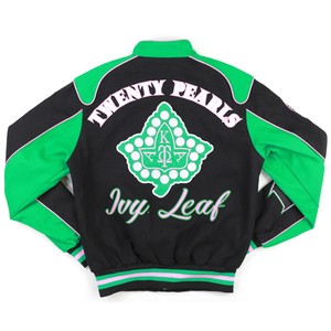 เสื้อแจ็คเก็ต AKA Black Racing Twill ปักลายตัวอักษรแบบ Letterman ติดกระดุมแบบ Snap สำหรับผู้หญิง เสื้อแจ็คเก็ตแฟชั่นพรีเมียม - Product Image 2