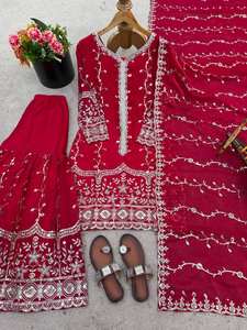 Elegante conjunto de traje de seda con bordado pesado y lentejuelas, completamente cosido, listo para usar, conjunto étnico para la temporada festiva y de bodas. - Product Image 2