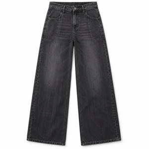 Jeans de mezclilla de mujer de tiro medio y pierna ancha con bolsillos curvos utilitarios - Negro lavado - Product Image 1