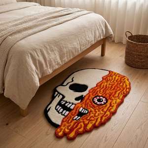 Alfombra Moderna de Lana Tejida a Mano con Diseño Geométrico Único de Calavera y Llama, Antideslizante, de Pelo Medio, para Sala de Estar, Dormitorio y Hogar - Product Image 6