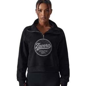 Women's Sportswear Athletic <b>Gym</b> Workout <b>Top</b> Custom <b>Black</b> Quarter-Zip Cropped Hoodies Pullover <b>Long</b> <b>Sleeve</b> Embroidered OEM Patch - Product Image 2