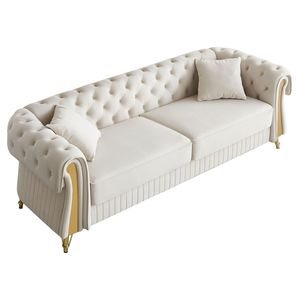 Divano Chesterfield Moderno 89 W in Velluto Beige Trapuntato per Soggiorno con Due Cuscini e Due Cuscini Decorativi - Product Image 4