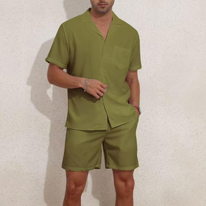 Ensemble coordonné deux pièces pour homme, chemise boutonnée et short, tenue décontractée de plage, shorts unis, ensemble coordonné pour tous les jours - Product Image 4