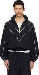 Men's Black Windproof Racer <b>Jacket</b> With <b>White</b> Piping Zipper Closure Stand Collar Sporty Style Polyester Material Autumn Wear - Product Image 1