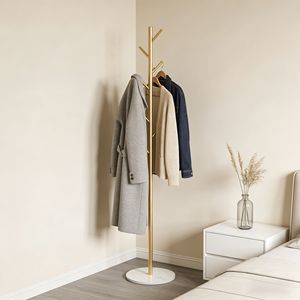 Porte-vêtements autoportant en métal doré robuste avec base en marbre, support polyvalent pour chapeaux et manteaux pour chambre à coucher - Product Image 5