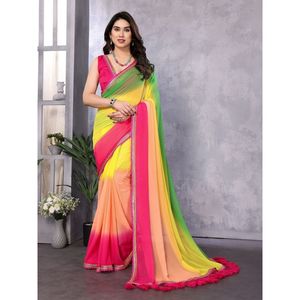TRENDING GEORGETTE BORDADO ENCAJE TRABAJO FIESTA DESGUACE SAREE CON BLUSA DESCOSADA MULTI - Product Image 1