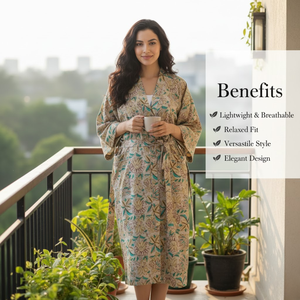 Kimono Artesanal de Algodón con Estampado Floral Gris |   Bata de dormir de manga larga con cuello en V para mujer |   Bata de Spa Larga de Algodón Puro, Diseño Exclusivo - Product Image 3