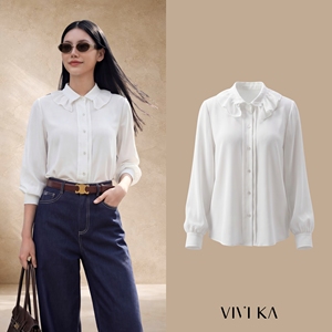 เสื้อเชิ้ตผู้หญิงสีขาว ผ้าป๊อปลิน ปกปีเตอร์แพน แขนยาว สไตล์ลำลอง ติดกระดุม ทรงปกติ สำหรับฤดูใบไม้ผลิ/ฤดูร้อน รุ่น IVY - Product Image 1