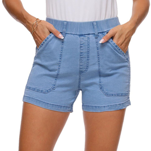 Shorts en jean décontractés pour femme, coupe ample, taille mi-haute, en coton délavé doux, pour l'été, mode féminine, denim bleu - Product Image 1
