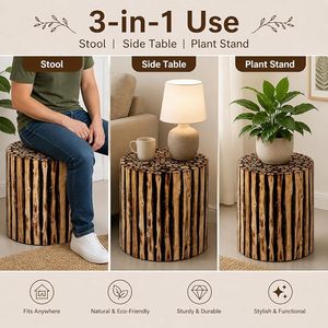 Mesa Auxiliar Compacta de Bambú, Estilo Rústico, Otomana Decorativa, Estante Auxiliar para Cama, Redonda y Portátil para Sala de Estar - Product Image 2